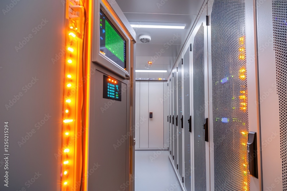 Server room equipped with intelligent sensors for optimal environmental adjustments. Server room equipped with intelligent sensors for optimal environmental adjustments.
