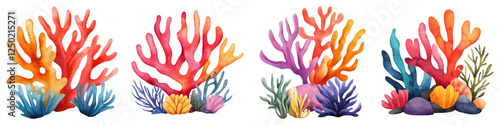 Vibrant coral reef with colorful corals and sea plants in various shapes