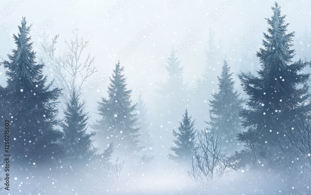 Naklejka premium Misty Winter Forest Landscape with Snowfall and Evergreen Trees