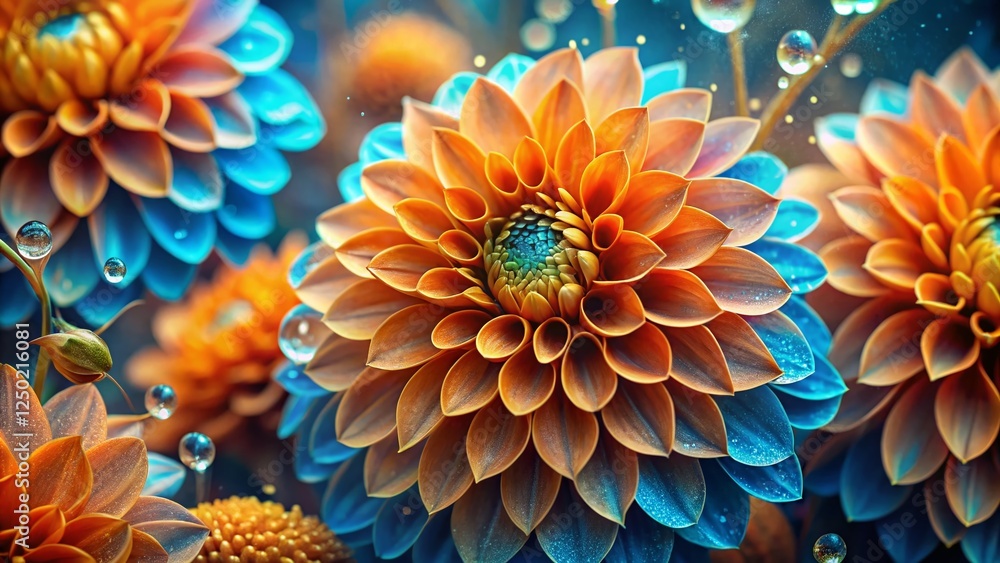 Macro Abstract Dahlia: Orange, Blue & Gold Digital Art Macro Abstract Dahlia: Orange, Blue & Gold Digital Art
