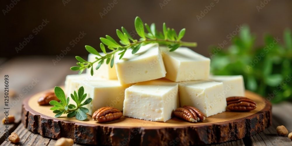 Creamy White Fudge Cubes with Pecans and Fresh Herbs on Rustic Wooden Board Creamy White Fudge Cubes with Pecans and Fresh Herbs on Rustic Wooden Board
