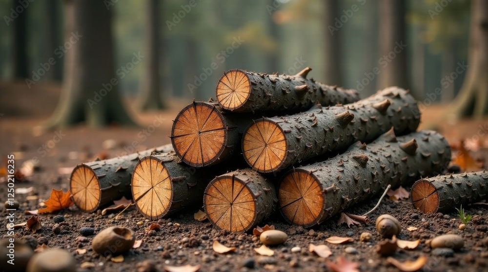 A stack of neatly arranged tree logs in a forest setting A stack of neatly arranged tree logs in a forest setting