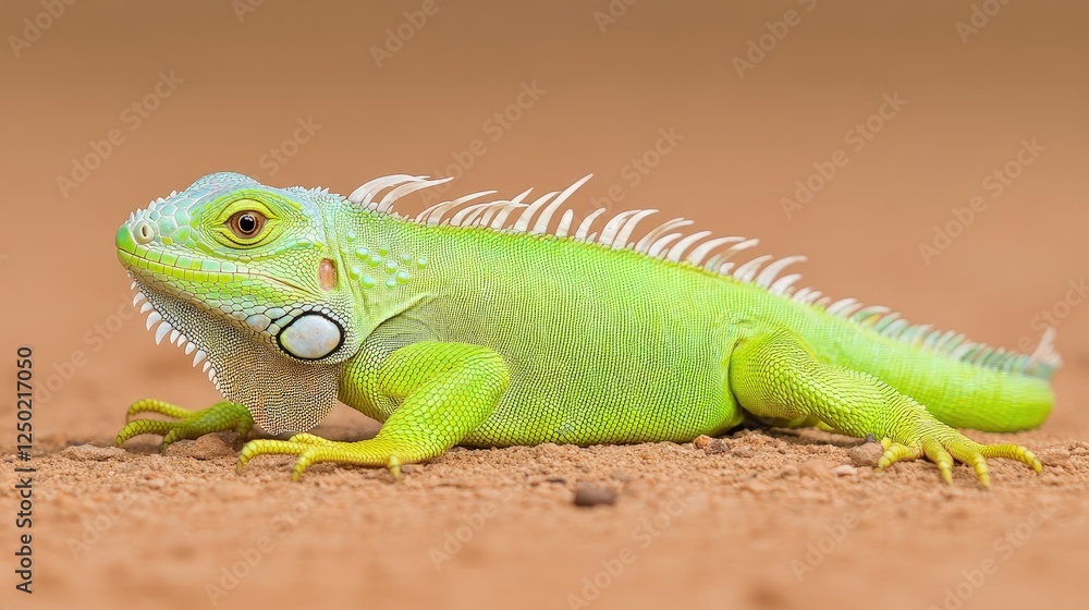 Fototapeta premium Vibrant green iguana crawling on sandy terrain with blurred background showcasing nature