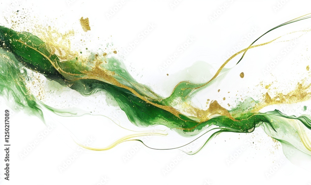 Obraz premium Abstract green gold fluid art; white background; elegant design; website header