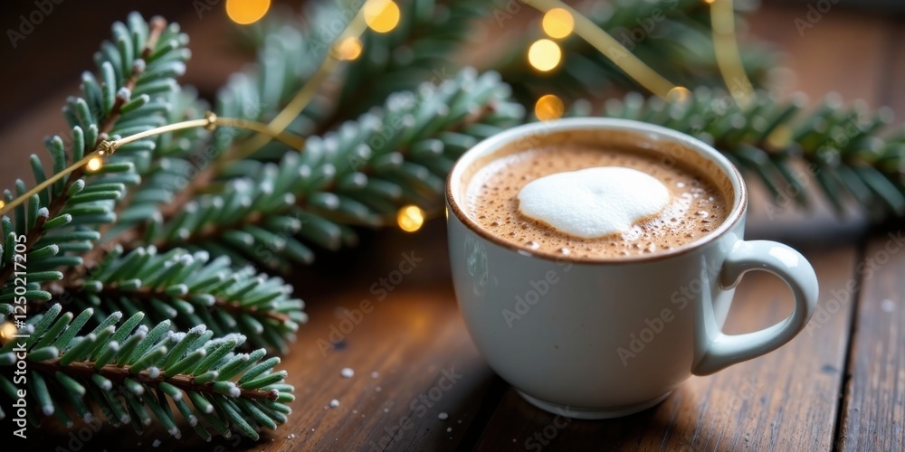 A Warm Winter Beverage Beside Festive Evergreen Branches and Fairy Lights A Warm Winter Beverage Beside Festive Evergreen Branches and Fairy Lights