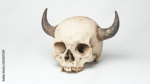 Horned skull on a plain background, showcasing intricate details and textures, ideal for educational use