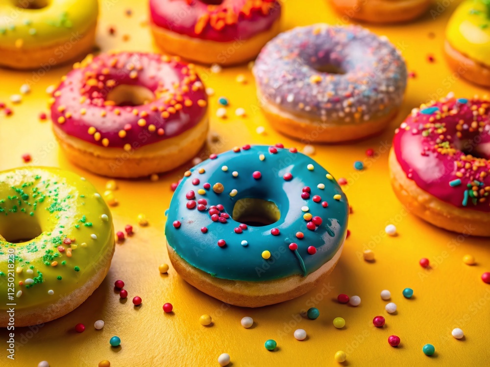 Macro Photography: Delicious Donuts Banner Template on Yellow Background Macro Photography: Delicious Donuts Banner Template on Yellow Background