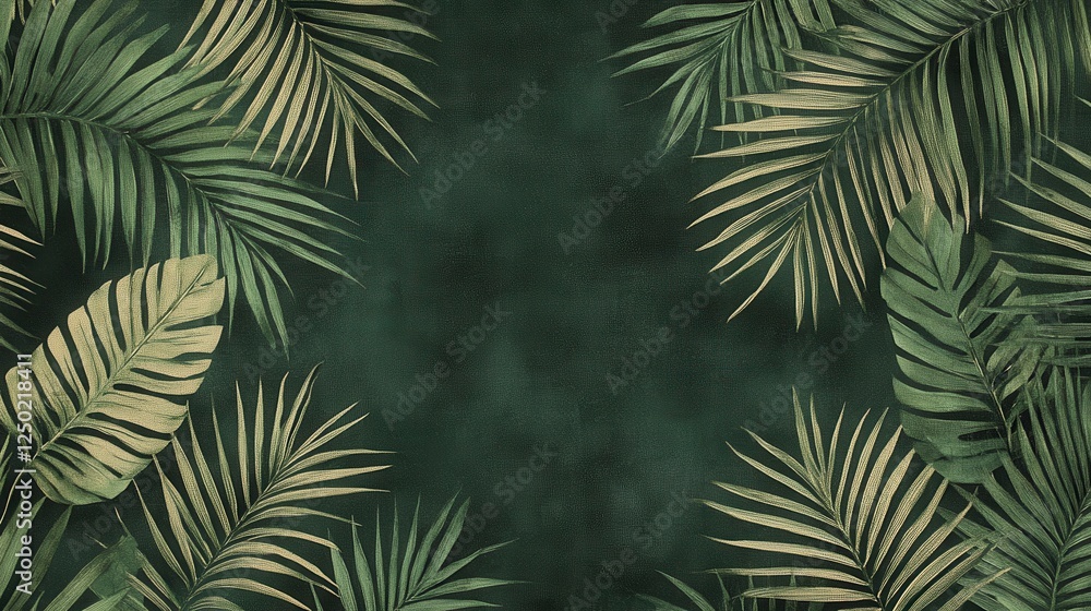Elegant Dark Green Tropical Leaf Pattern Background with Palm and Monstera Leaves Elegant Dark Green Tropical Leaf Pattern Background with Palm and Monstera Leaves