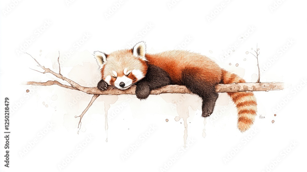 Obraz premium A tranquil red panda peacefully sleeping on a branch amidst a serene, watercolor background