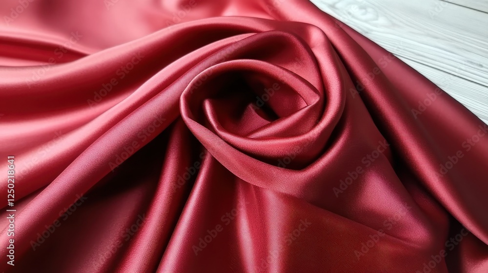 Luxurious Maroon Satin Fabric Swirl on Wooden Surface, Textile Close-Up Luxurious Maroon Satin Fabric Swirl on Wooden Surface, Textile Close-Up