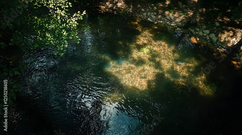 Sunlight Reflecting on Tranquil Stream in Lush Green Forest