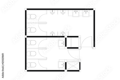 2 dimension of layout public toilet gent and ladies of interior design plan, black lines on white background. Set 1