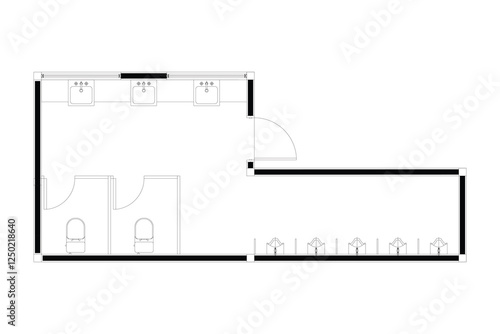 2 dimension of layout public toilet gent of interior design plan, black lines on white background. Set 2