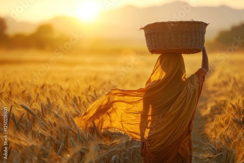 Indian farm woman walking homeward at golden hour, worn cotton sari flowing gently, carrying traditional harvest basket on head, surrounded by vast wheat fields