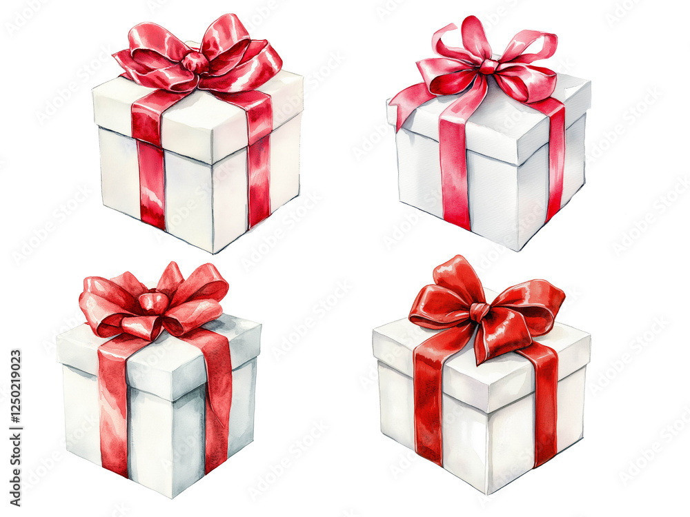 Fototapeta premium Watercolor Gift Boxes with Red Ribbons