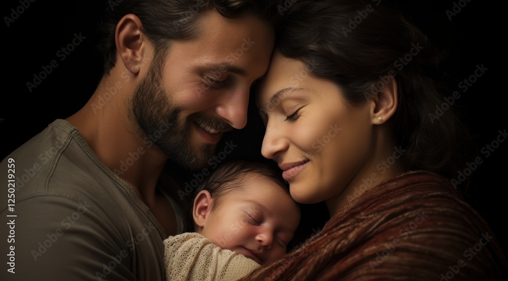 Fototapeta premium Joyful Moments: Loving Couple Holding Newborn Baby with Overwhelming Happiness and Affection