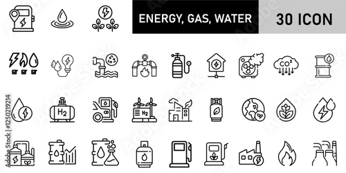 Minimalist Energy, gas, water Icon Pack | 30 Outline Vector Icons, Editable stroke. 