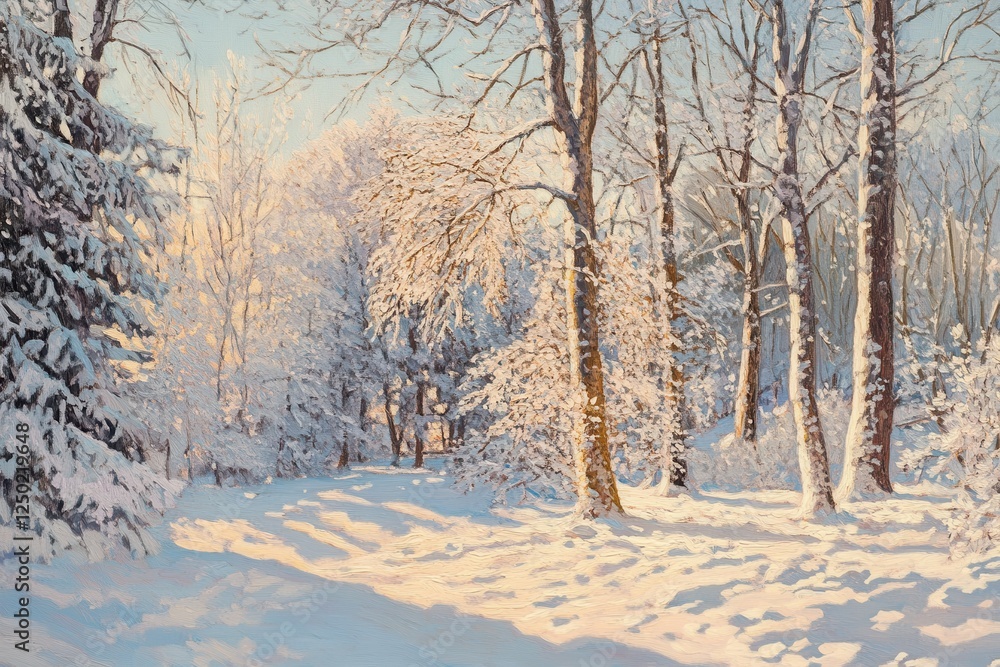 Obraz premium Impressionistic Winter Forest Landscape Painting with Sunlight and Snow Covered Trees