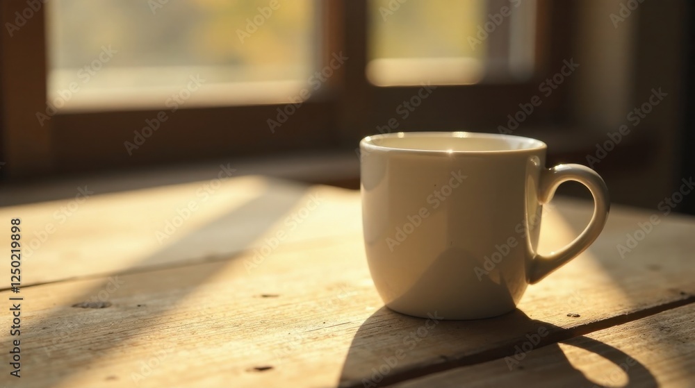 Fototapeta premium Morning sunlight illuminates a simple white mug resting on a rustic wooden surface