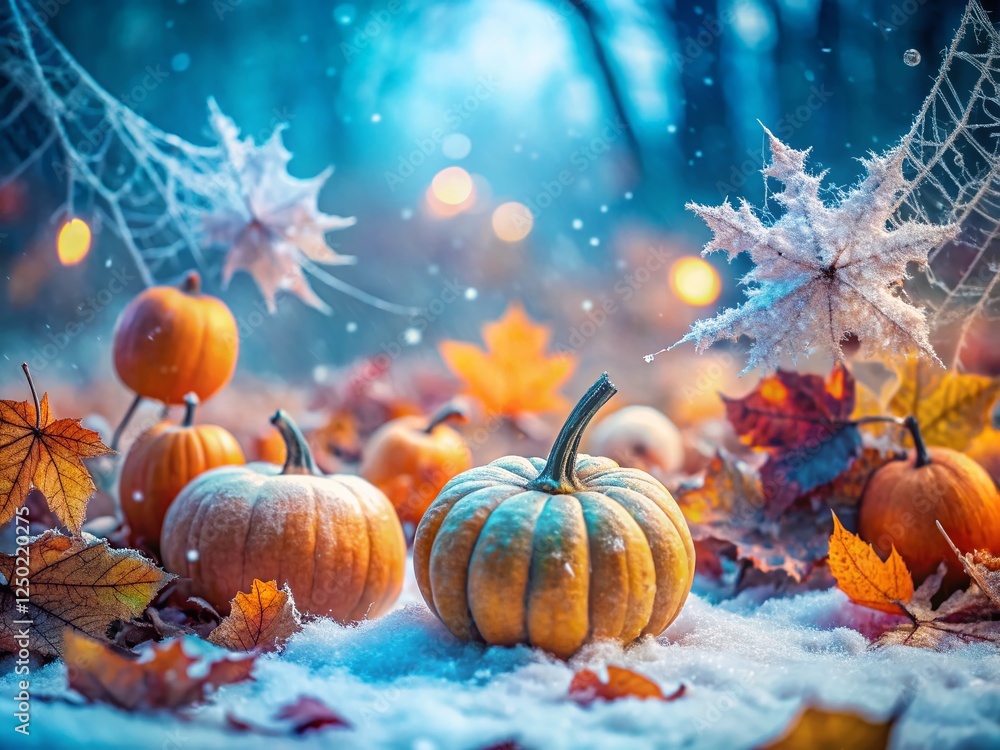Macro Winter Wonderland Halloween: Frost-Covered Pumpkins & Spooky Autumn Leaves Macro Winter Wonderland Halloween: Frost-Covered Pumpkins & Spooky Autumn Leaves