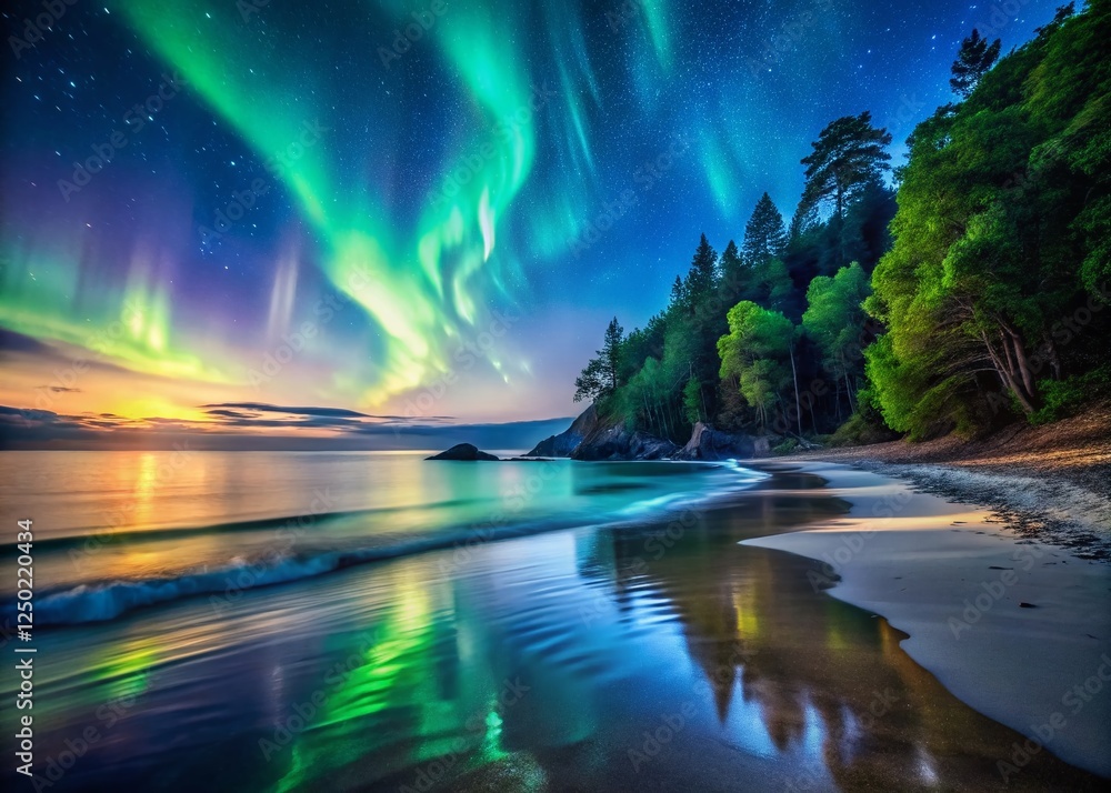 Magical Beach Night: Starry Sky, Aurora, Bioluminescent Waves Magical Beach Night: Starry Sky, Aurora, Bioluminescent Waves