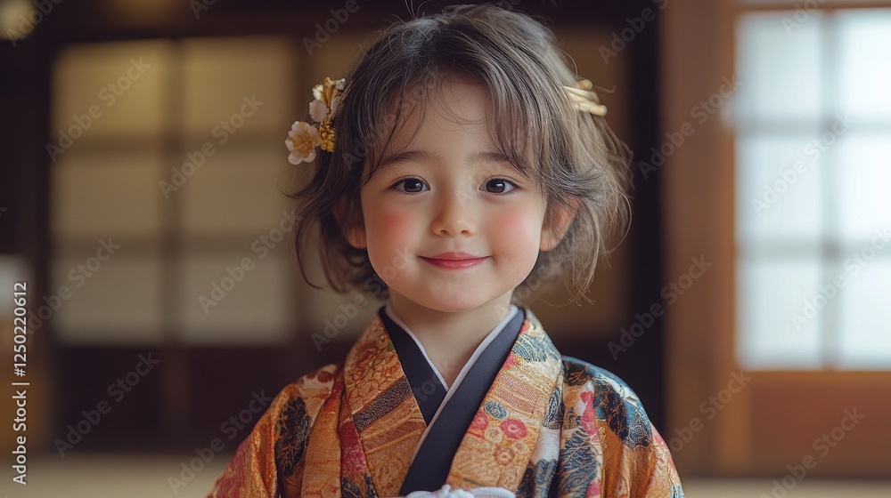 A delightful young girl smiles warmly, dressed in a vibrant kimono. A delightful young girl smiles warmly, dressed in a vibrant kimono.