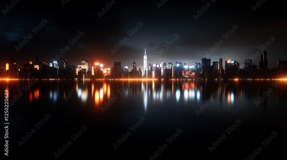 Metropolitan Cityscape, Illuminated Skyline Reflected in Still Waters Metropolitan Cityscape, Illuminated Skyline Reflected in Still Waters