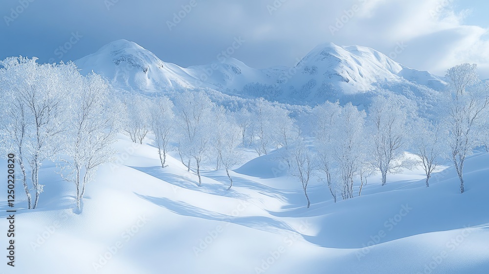 Obraz premium Serene winter landscape with snow-covered hills and frosted trees under a cloudy sky