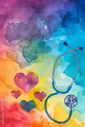 Watercolor background with a stethoscope and heart shapes, symbolizing health care for love. Design is vibrant colored and uses gradients to create warm feeling of affection in the medical field. 