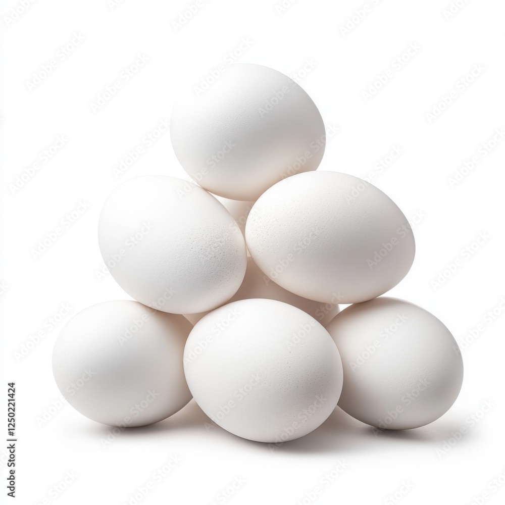 White Fresh Eggs Stacked in a Neat Pile on a Clean Background for Culinary and Food Photography Uses White Fresh Eggs Stacked in a Neat Pile on a Clean Background for Culinary and Food Photography Uses