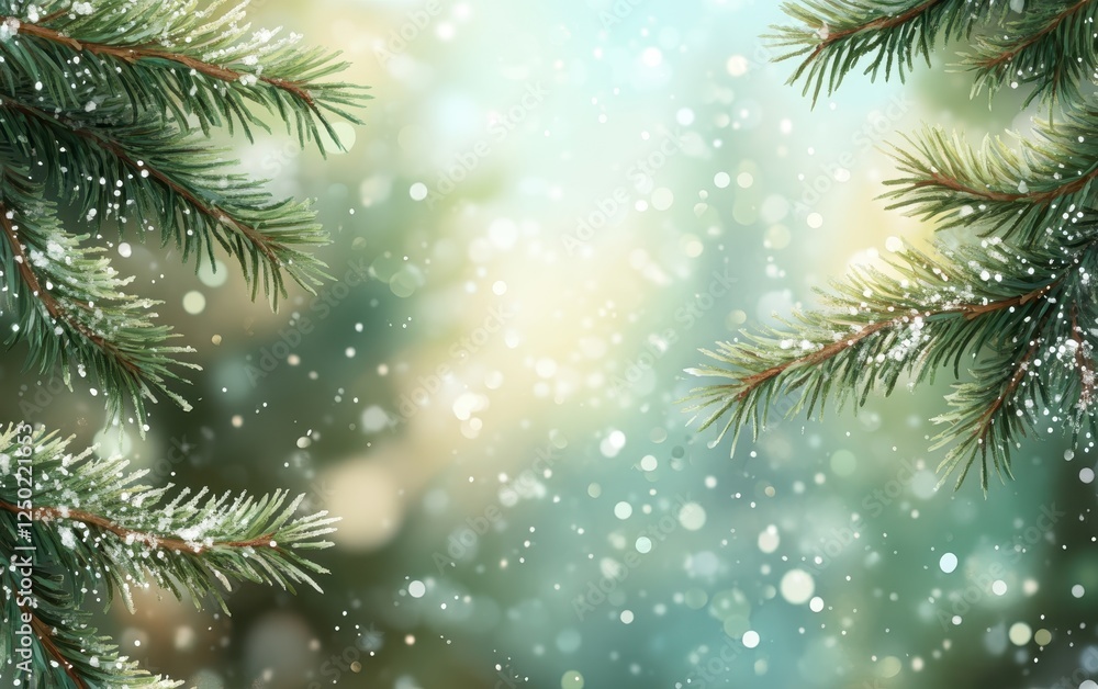 Festive Winter Background with Evergreen Branches and Falling Snowflakes, Bokeh Lights Festive Winter Background with Evergreen Branches and Falling Snowflakes, Bokeh Lights