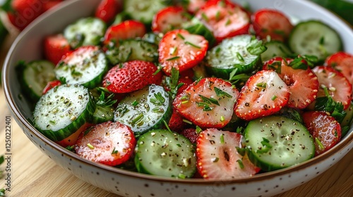 Fresh cucumber and strawberry salad in a bowl, garnished with herbs, on a wooden surface
