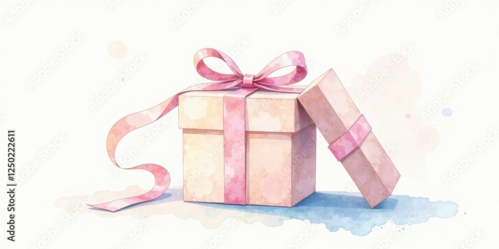 Fototapeta premium A delicately painted pastel gift box with a pink ribbon, partially open, sits on a watercolor wash background