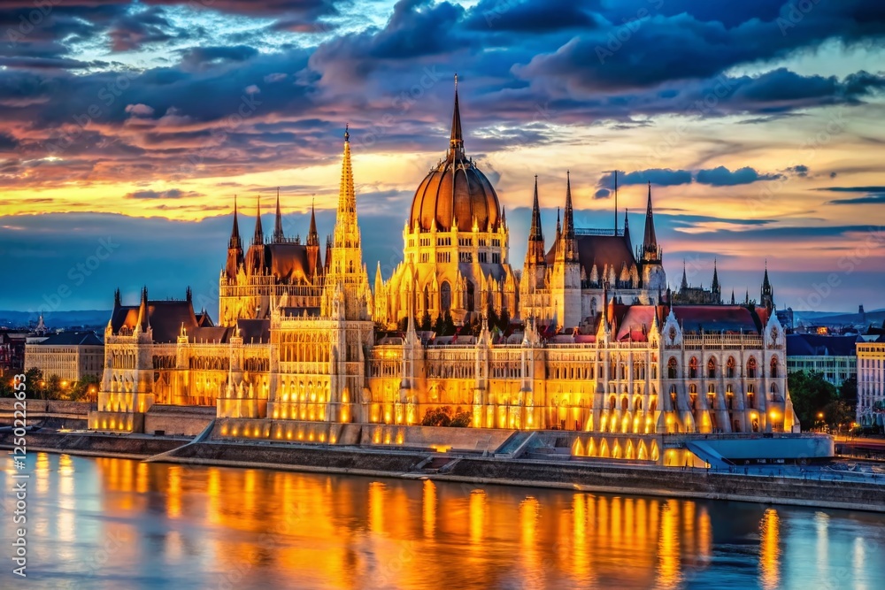 Obraz premium Majestic Budapest Architecture: Rule of Thirds Composition, Historical Buildings, Danube River View