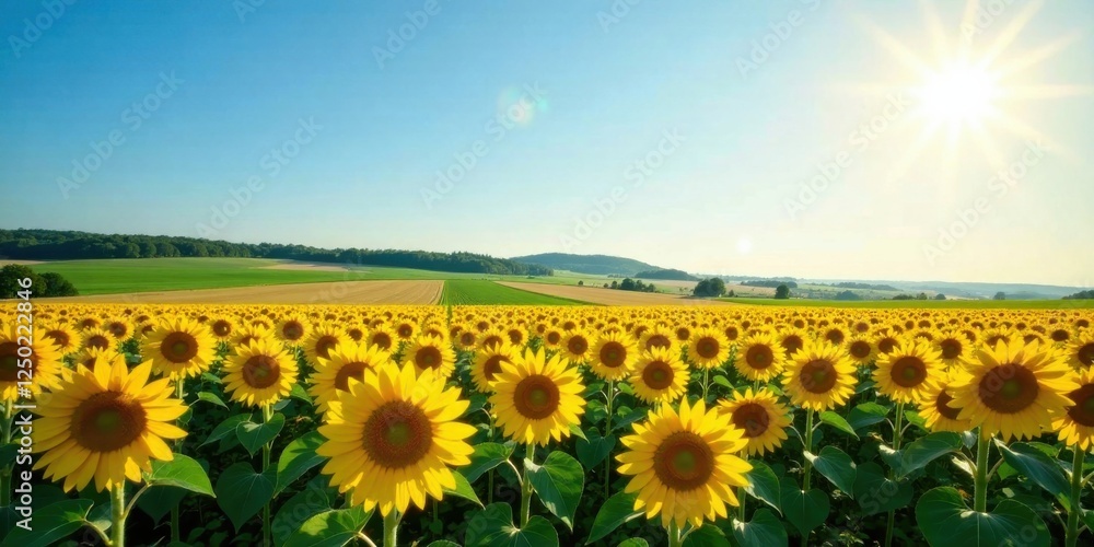Fototapeta premium Vast Sunflower Field Basking in Golden Sunlight Under a Clear Blue Sky