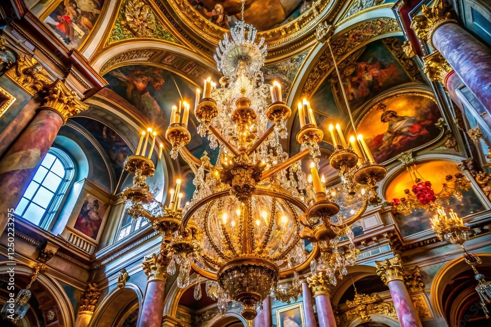 Obraz premium Majestic Crystal Chandelier in Prague's St. Nicholas Church - Architectural Interior Detail