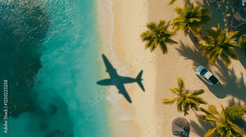 The shadow of an airplane flying over the beach is cast on the clear blue sea, creating a stunning aerial view of a tropical vacation spot in the Maldives. A top-down perspective captures both the pla