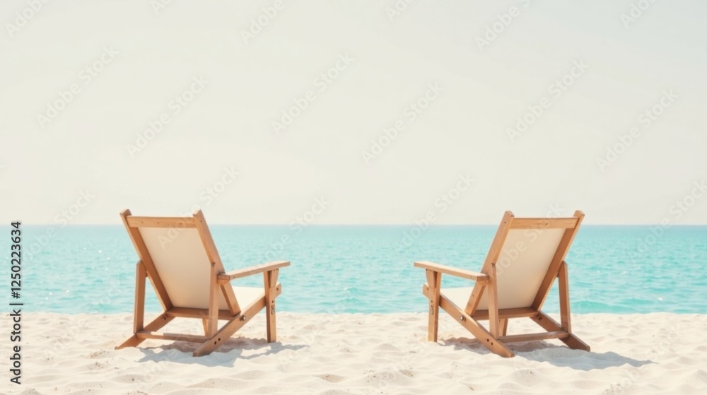 Serene Beach Scene Two Empty Deck Chairs Facing the Ocean on a Sunny Day Serene Beach Scene Two Empty Deck Chairs Facing the Ocean on a Sunny Day