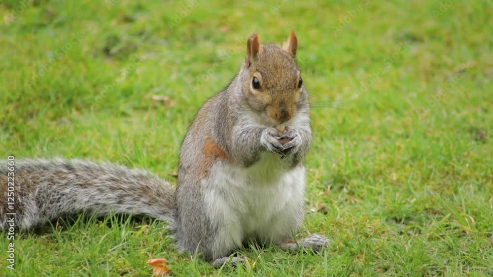 Cute Grey Squirrel Close Up Holding And Eating A Nut In Garden Slow Motion Daytime Borehamwood Hertfordshire UK Cute Grey Squirrel Close Up Holding And Eating A Nut In Garden Slow Motion Daytime Borehamwood Hertfordshire UK