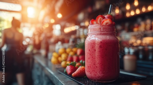 Refreshing strawberry smoothie in a vibrant caf? setting with colorful fruits in the background photo