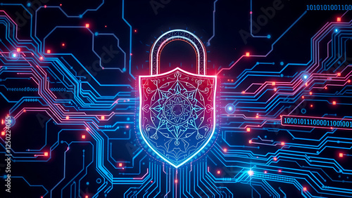 Cybersecurity Digital Shield Lock on Circuit Board Background with Neon Glowing Lights
