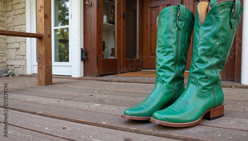 Green cowboy boots on wooden porch