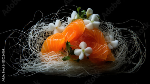 A minimalist yet elegant sushi presentation on a dark surface, featuring premium salmon sashimi arranged with precision, shredded daikon radish photo