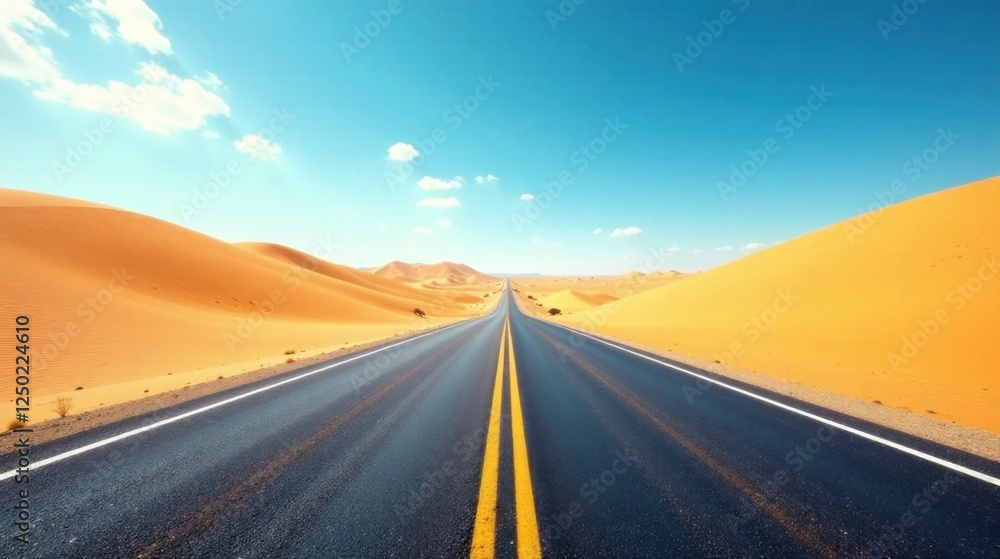 Fototapeta premium Asphalt Road Cutting Through Expansive Desert Landscape Under a Vivid Blue Sky