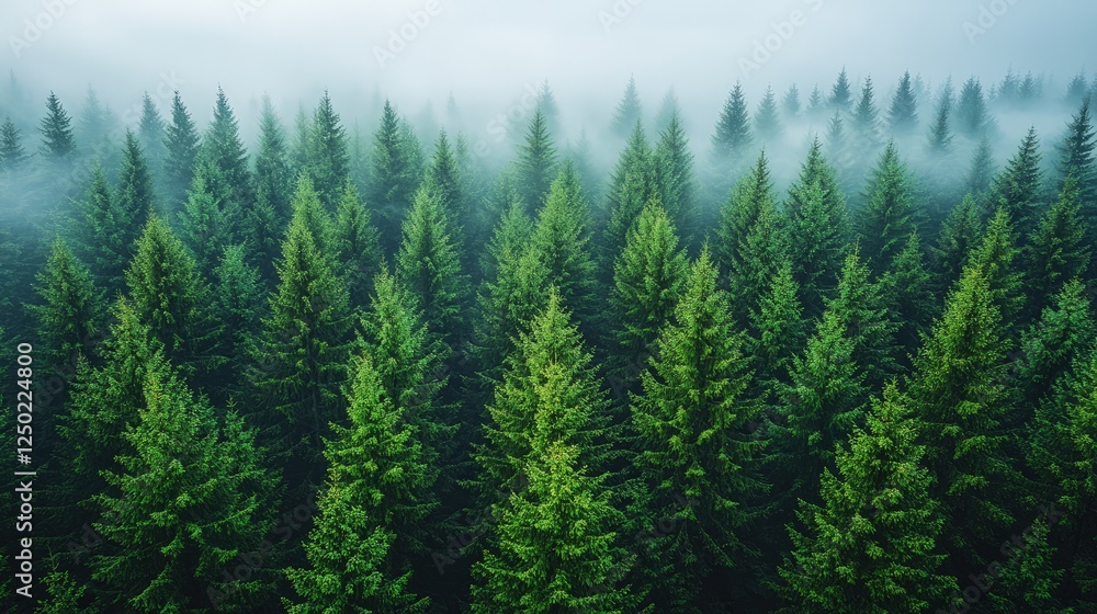 Lush Evergreen Forest Surrounded by Misty Fog, Capturing Nature's Tranquility and Beauty Lush Evergreen Forest Surrounded by Misty Fog, Capturing Nature's Tranquility and Beauty
