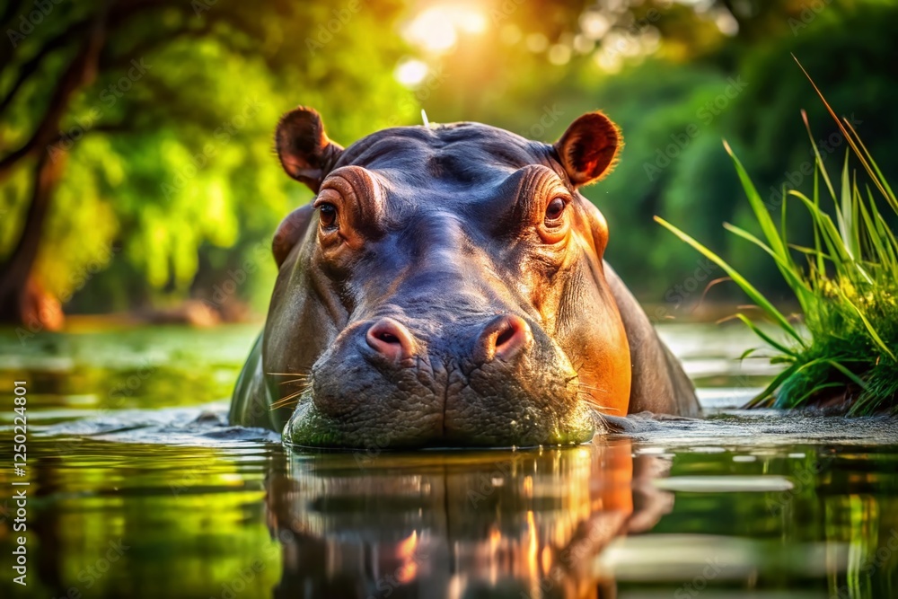 Majestic Hippopotamus Submerged in Water, Showing Powerful Build and Depth of Field Majestic Hippopotamus Submerged in Water, Showing Powerful Build and Depth of Field