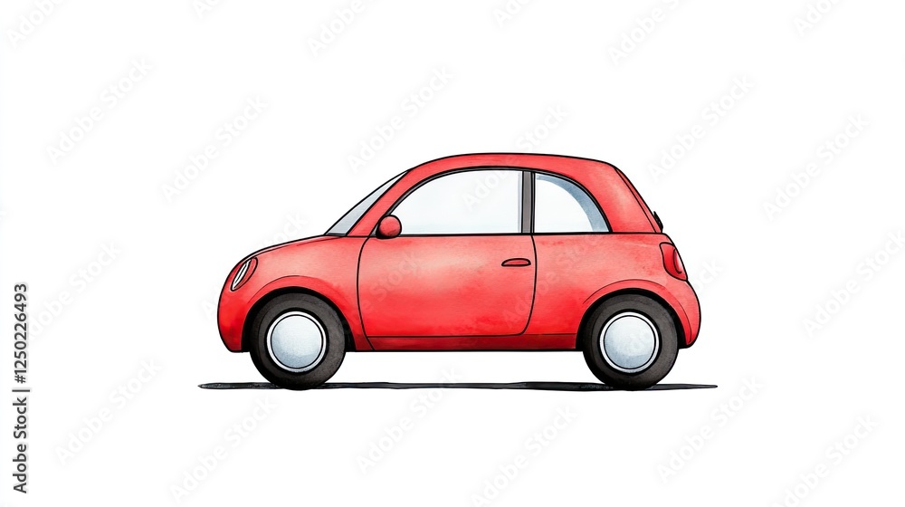 A vibrant red compact car parked on a white background, showcasing its sleek design and simplicity A vibrant red compact car parked on a white background, showcasing its sleek design and simplicity