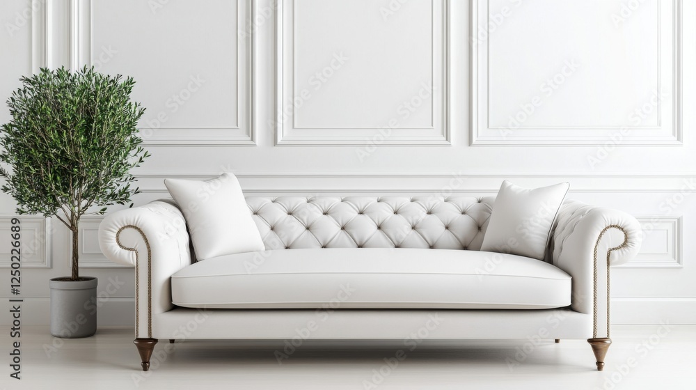Elegant White Upholstered Couch with Decorative Pillows Against Classic Wall Design and Potted Plant Elegant White Upholstered Couch with Decorative Pillows Against Classic Wall Design and Potted Plant