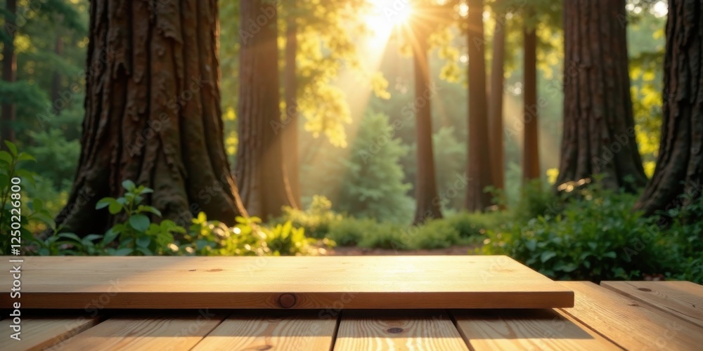 Naklejka premium Serene Sunrise in a Lush Forest with a Wooden Platform