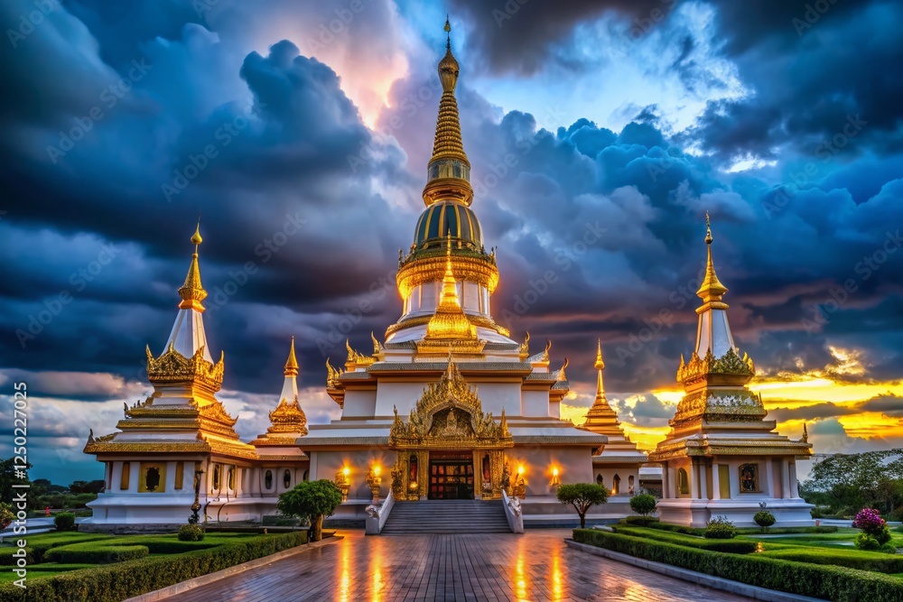 Naklejka premium Majestic Phra Maha Chedi Chai Mongkol at Night, Illuminated Stupa, Low Light Temple Photography, Thailand
